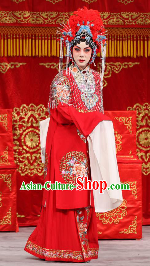 Chinese Beijing Opera Bride Garment Jin Yunu Costumes and Hair Accessories Traditional Peking Opera Hua Tan Red Dress Actress Apparels