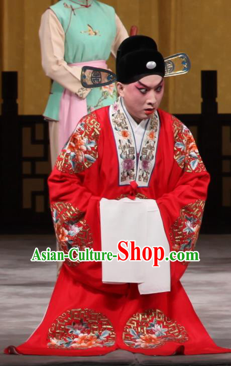 Jin Yunu Chinese Peking Opera Bridegroom Apparels Costumes and Headpieces Beijing Opera Young Male Garment Scholar Mo Ji Wedding Clothing