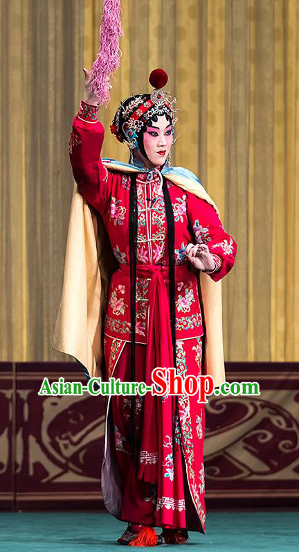 Chinese Beijing Opera Female Swordsman Garment Four Heroes Village Costumes and Hair Accessories Traditional Peking Opera Actress Hua Bilian Red Dress Apparels