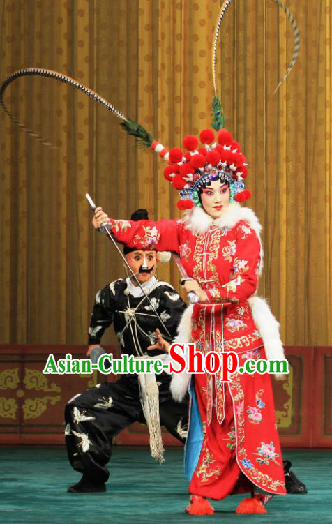 Chinese Beijing Opera Martial Female Garment Actress Costumes and Hair Accessories Traditional Peking Opera Wudan Red Dress Swordswoman Xu Peizhu Apparels