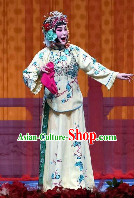 Chinese Beijing Opera Young Female Garment Jie Mei Yi Jia Costumes and Hair Accessories Traditional Peking Opera Actress Dress Elder Sister Zhang Suhua Apparels