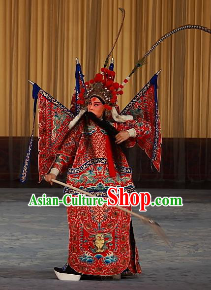 Ying Xiong Yi Chinese Peking Opera Wusheng Red Armor Apparels Costumes and Headpieces Beijing Opera General Shi Wengong Garment Kao Clothing with Flags