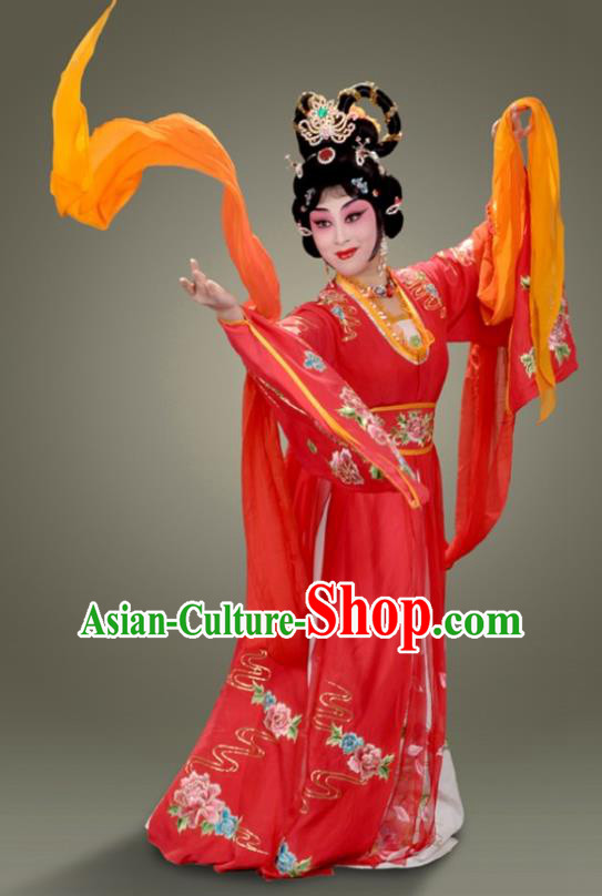 Chinese Beijing Opera Goddess Garment Costumes and Hair Accessories Ma Gu Xian Shou Traditional Peking Opera Young Female Red Dress Hua Tan Apparels