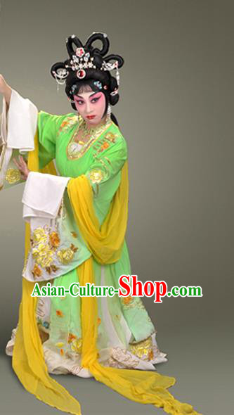 Chinese Beijing Opera Hua Tan Garment Costumes and Hair Accessories Ma Gu Xian Shou Traditional Peking Opera Young Lady Dress Goddess Green Apparels