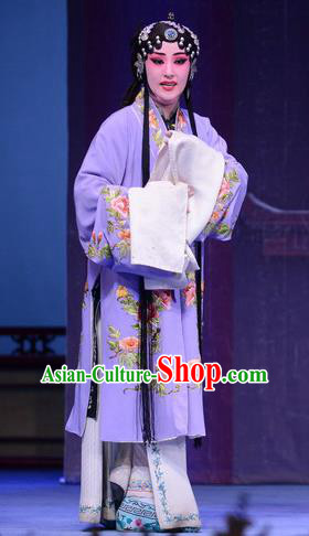 Chinese Ping Opera Diva Apparels Costumes and Headpieces Shao Gu Ji Traditional Pingju Opera Distress Female Purple Dress Garment