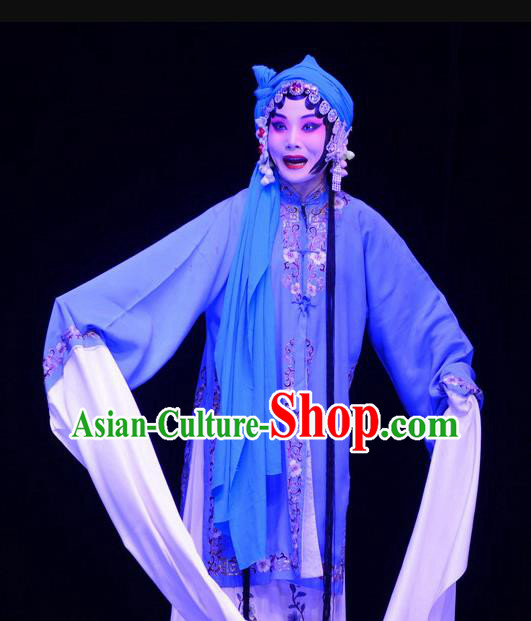 Chinese Ping Opera Distress Maiden Apparels Costumes and Headpieces Li Sanniang Traditional Pingju Opera Tsing Yi Blue Dress Garment