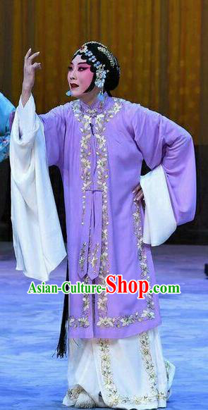 Chinese Beijing Opera Young Female Garment Costumes and Hair Accessories Traditional Peking Opera Wang Baochuan Hua Tan Purple Dress Diva Apparels