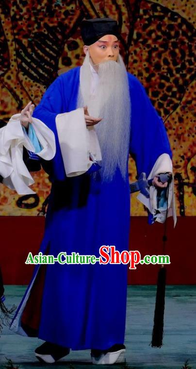 Ding Sheng Chun Qiu Chinese Peking Opera Laosheng Apparels Costumes and Headpieces Beijing Opera Old Man Garment Blue Robe Clothing