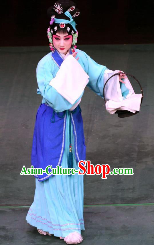 Chinese Beijing Opera Country Woman Garment Costumes and Hair Accessories Ding Sheng Chun Qiu Traditional Peking Opera Actress Dress Village Girl Apparels
