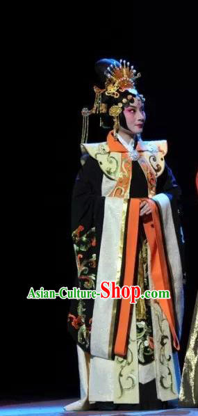 Chinese Beijing Opera Queen Lv Zhi Garment Costumes and Hair Accessories Traditional Peking Opera Chang Le Wei Yang Empress Dress Actress Apparels