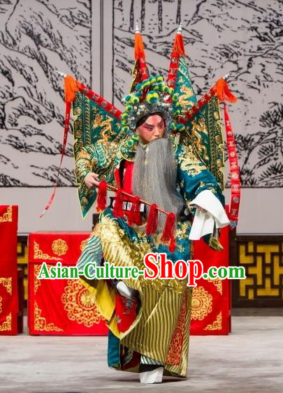 Long Tan Bao Luo Chinese Peking Opera General Luo Hongxun Kao Apparels Costumes and Headpieces Beijing Opera Green Armor Garment Clothing with Flags
