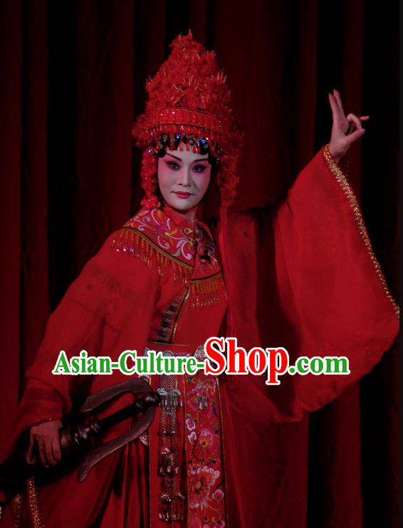 Chinese Beijing Opera Queen Red Garment Consort Bai Jie Costumes and Hair Accessories Traditional Peking Opera Empress Dress Young Female Apparels