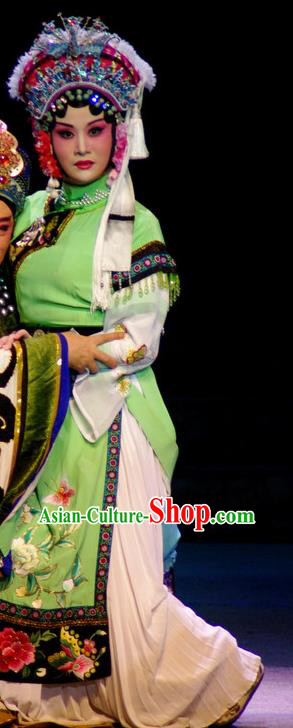 Chinese Beijing Opera Hua Tan Garment Consort Bai Jie Costumes and Hair Accessories Traditional Peking Opera Queen Green Dress Apparels