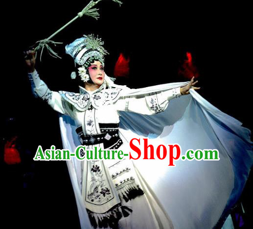 Chinese Beijing Opera Huadan Garment Consort Bai Jie Costumes and Hair Accessories Traditional Peking Opera Queen White Dress Martial Female Apparels