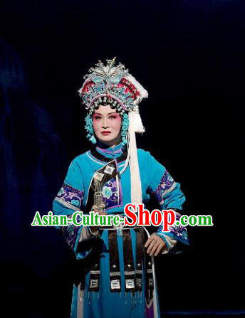 Chinese Beijing Opera Diva Garment Consort Bai Jie Costumes and Hair Accessories Traditional Peking Opera Queen Blue Dress Actress Apparels