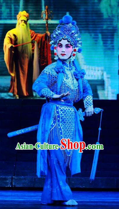 Chinese Beijing Opera Swordswoman Blue Garment Forbidden Love Costumes and Hair Accessories Traditional Peking Opera Martial Female Dress Xiao Qing Apparels