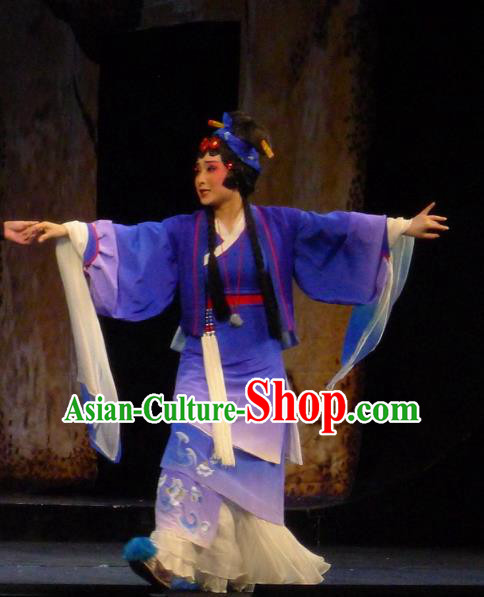 Chinese Sichuan Opera Maidservant Du Juan Costumes and Hair Accessories Hui Lan Ji Traditional Peking Opera Young Female Dress Actress Purple Apparels