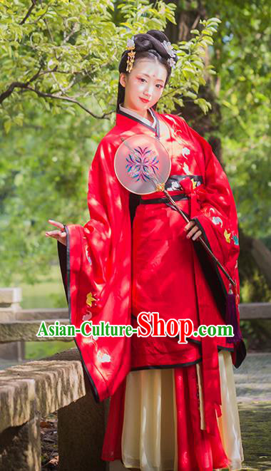 Chinese Traditional Han Dynasty Royal Princess Embroidered Hanfu Dress Ancient Patrician Lady Red Apparels Historical Costumes Complete Set