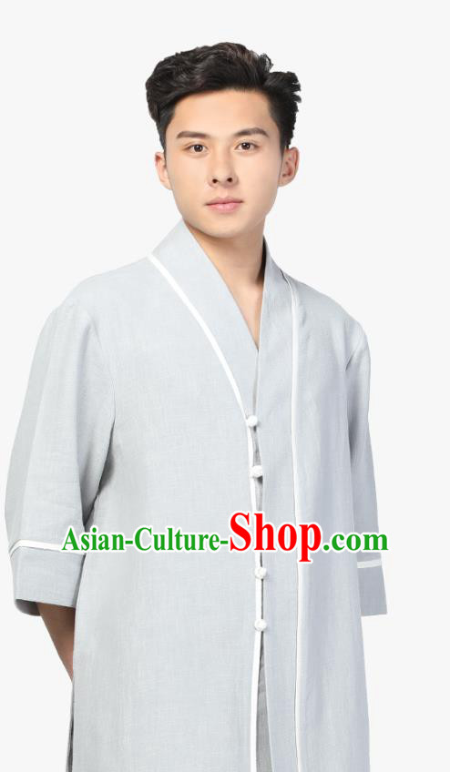 Chinese Traditional Tang Suit Upper Outer Garment Costume National Clothing Light Grey Ramie Shirt for Men