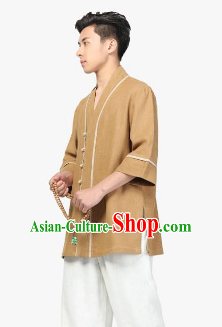 Chinese Traditional Tang Suit Upper Outer Garment Costume National Clothing Khaki Ramie Shirt for Men