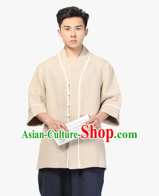 Chinese Traditional Tang Suit Upper Outer Garment Costume National Clothing Beige Ramie Shirt for Men