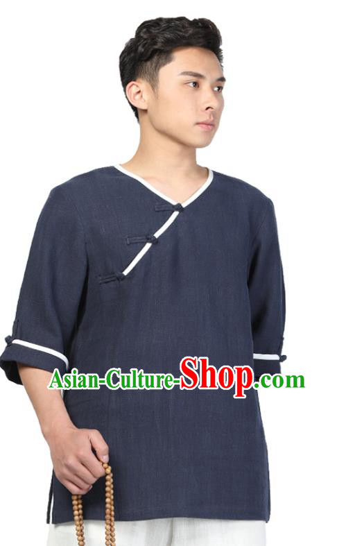 Chinese Traditional Tang Suit Costume National Clothing Slant Opening Navy Ramie Shirt Upper Outer Garment for Men