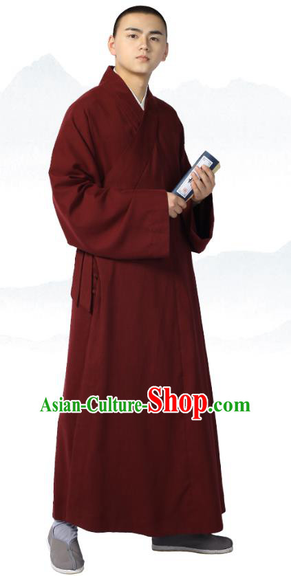Chinese Traditional Frock Costume Buddhism Clothing Garment Wine Red Monk Robe for Men