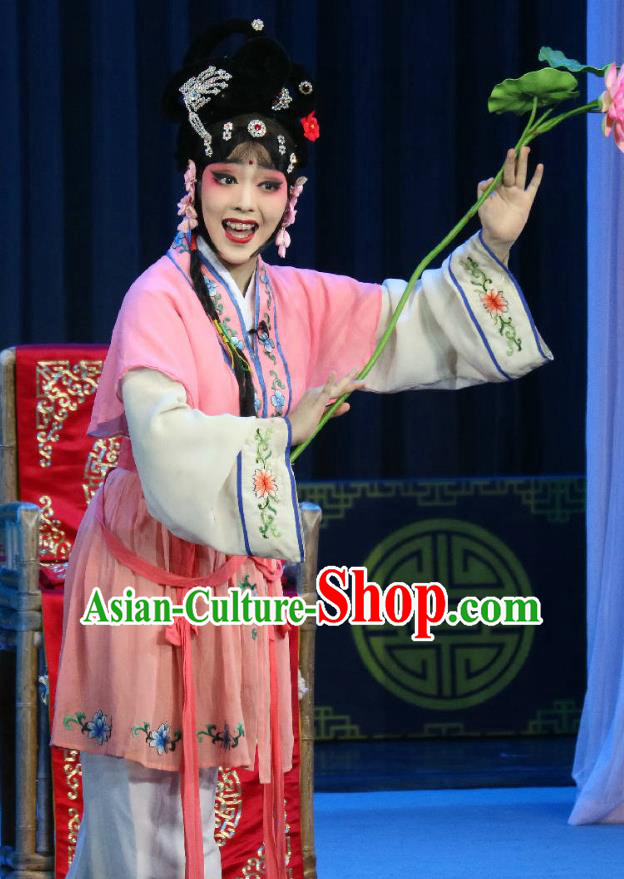 Chinese Sichuan Opera Xiaodan Garment Costumes and Hair Accessories Traditional Peking Opera Young Lady Dress Maidservant Girl Hong Er Apparels