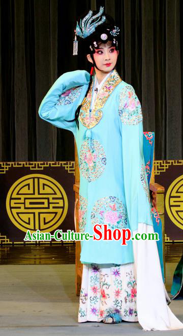 Chinese Sichuan Opera Diva Zhao Rong Garment Costumes and Hair Accessories Traditional Peking Opera Zhai Hong Mei Young Female Blue Dress Actress Apparels