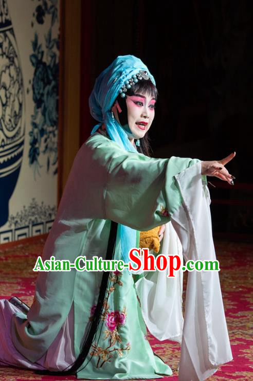 Chinese Sichuan Opera Distress Female Garment Costumes and Hair Accessories Yu Chan Temple Traditional Peking Opera Tsing Yi Dress Lady Jun Apparels