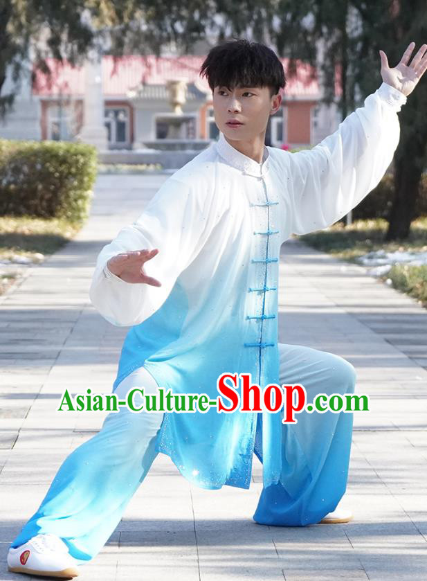 Top Male Kung Fu Costume Martial Arts Training Uniform Shaolin Wushu Clothing Tai Ji Competition Gradient Blue Outfits