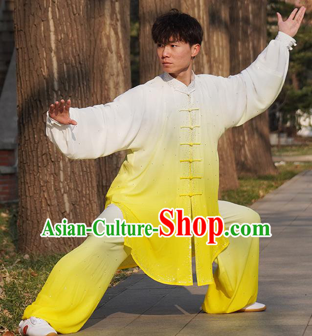 Top Male Kung Fu Costume Martial Arts Training Uniform Shaolin Wushu Clothing Tai Ji Competition Gradient Yellow Outfits