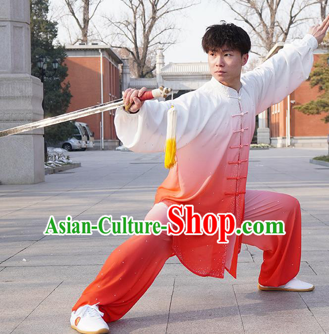 Top Male Kung Fu Costume Martial Arts Training Uniform Shaolin Wushu Clothing Tai Ji Competition Gradient Red Outfits