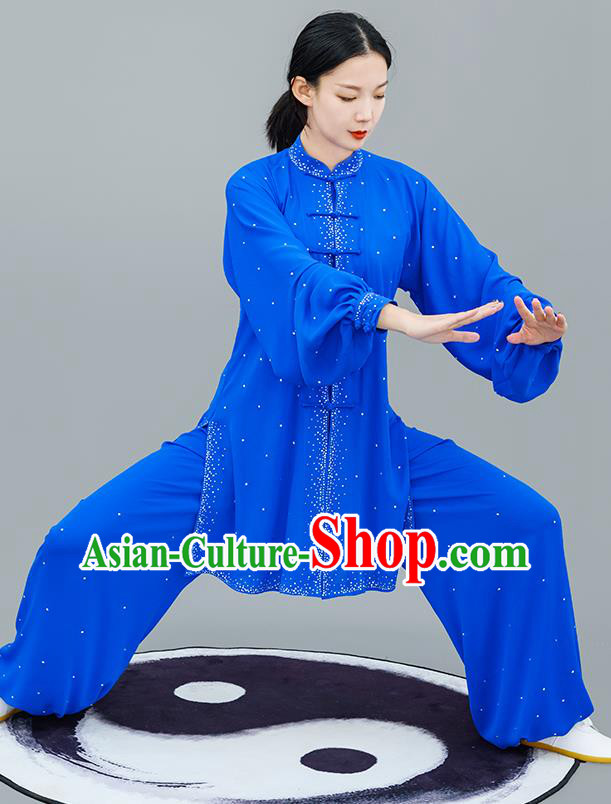 Professional Tai Chi Competition Diamante Costume Tai Ji Training Outfits Clothing Top Grade Martial Arts Royalblue Uniform for Women