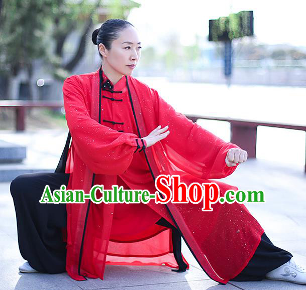 Chinese Traditional Tai Chi Competition Costume Professional Tai Ji Training Outfits Clothing Top Grade Martial Arts Red Uniform for Women