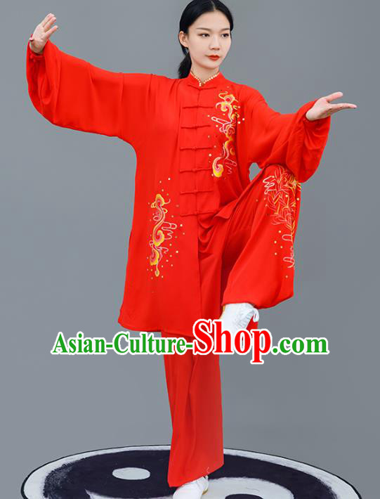 Chinese Traditional Tai Chi Competition Red Costume Professional Tai Ji Training Outfits Top Grade Martial Arts Performance Uniform for Women