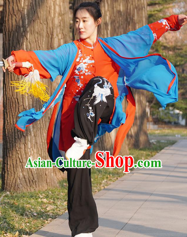 Chinese Traditional Martial Arts Performance Costume Top Grade Tai Ji Training Uniforms Professional Tai Chi Competition Embroidered Red Outfits