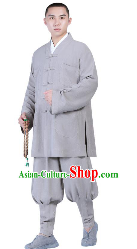 Chinese Traditional Buddhism Costume Shaolin Monk Clothing Grey Blouse and Pants Complete Set for Men