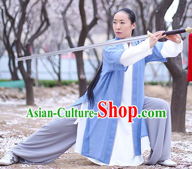 Chinese Traditional Tai Chi Competition Costume Professional Martial Arts Training Outfits Top Grade Tai Ji Performance Light Blue Uniform for Women