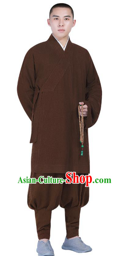 Chinese Traditional Shaolin Monk Costume Buddhism Clothing Brown Slant Opening Blouse and Pants Complete Set