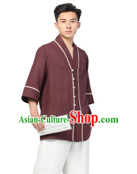 Chinese Traditional Tang Suit Costume National Clothing Dark Red Ramie Shirt for Men