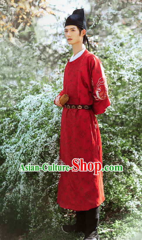 Chinese Ancient Swordsman Hanfu Clothing Traditional Tang Dynasty Young Male Red Robe Historical Costumes Complete Set