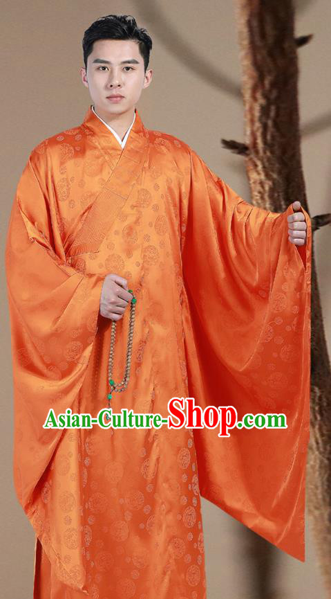 Chinese Traditional Orange Silk Frock Costume Buddhism Clothing Monk Robe Garment for Men