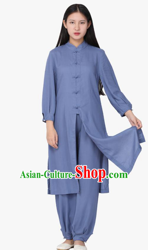 Chinese Traditional Meditation Costume Top Grade Tai Ji Uniforms Professional Tang Suit Blue Zen Outfits for Women