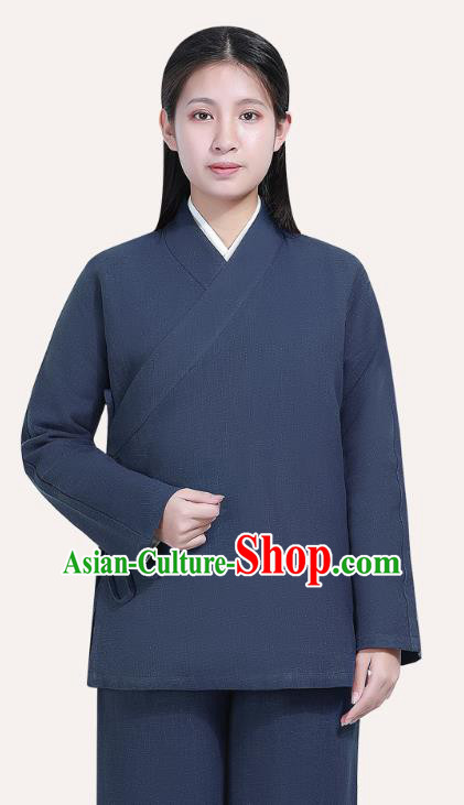 Chinese Traditional Lay Buddhist Costume Top Grade Tai Ji Uniforms Professional Tang Suit Women Navy Ramie Meditation Outfits