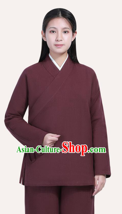 Chinese Traditional Lay Buddhist Costume Top Grade Tai Ji Uniforms Professional Tang Suit Women Wine Red Ramie Meditation Outfits