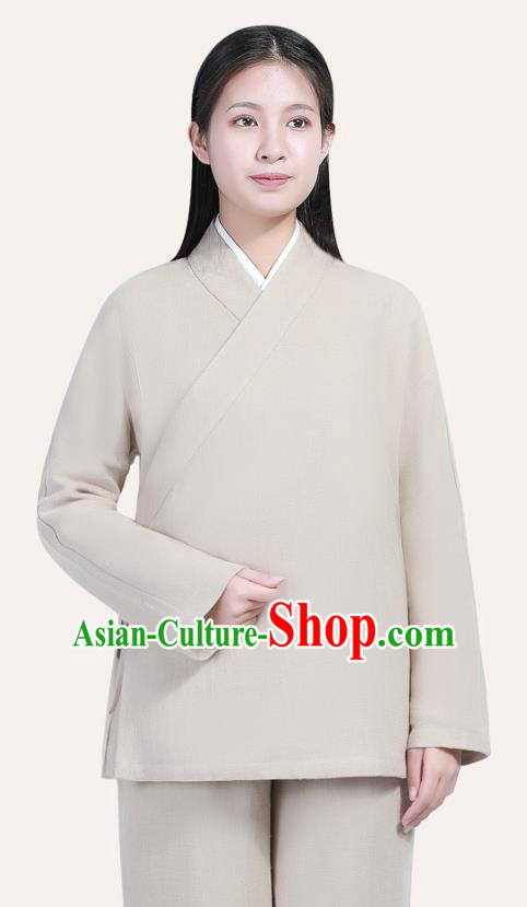 Chinese Traditional Lay Buddhist Costume Top Grade Tai Ji Uniforms Professional Tang Suit Women Beige Ramie Meditation Outfits