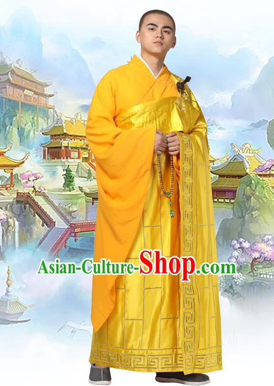 Chinese Traditional Monk Golden Silk Frock Costume Buddhism Clothing Cassock Bonze Garment for Men