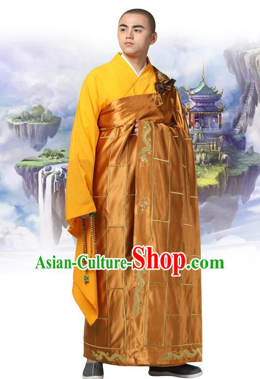 Chinese Traditional Monk Khaki Silk Frock Costume Buddhism Clothing Cassock Bonze Garment for Men