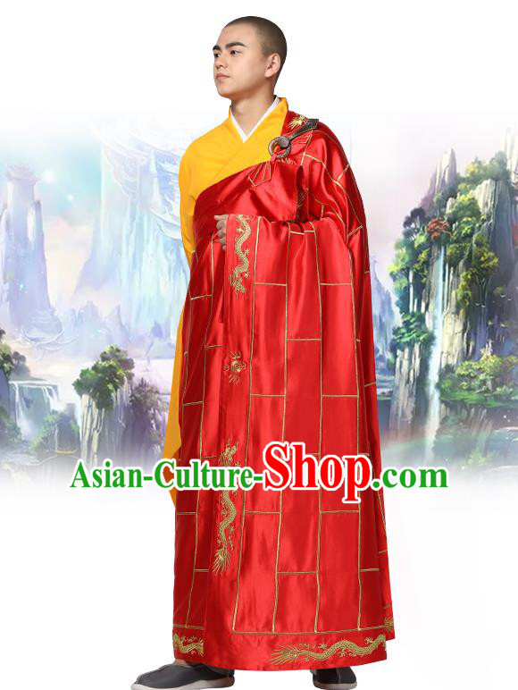 Chinese Traditional Monk Embroidered Dragon Red Silk Kasaya Costume Buddhism Gown Clothing Bonze Cassock Garment for Men